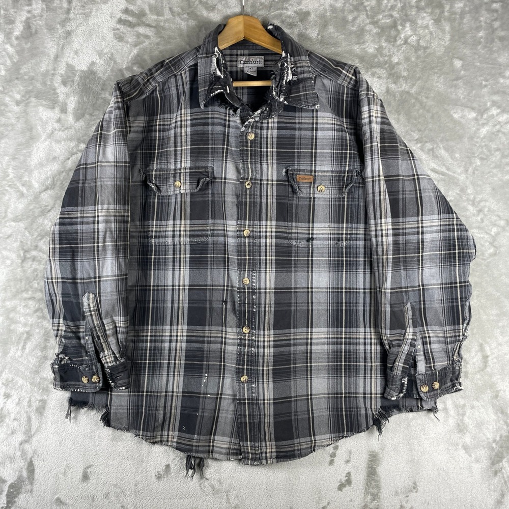 Vintage Carhartt Heavyweight Cotton Flannel Mens 3XL Black Thrashed Distressed